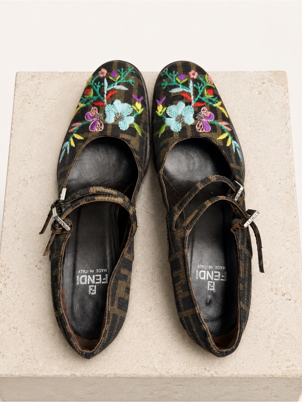 Fendi Brown Monogram Mary Jane heels with Multicolor Floral Embroidery